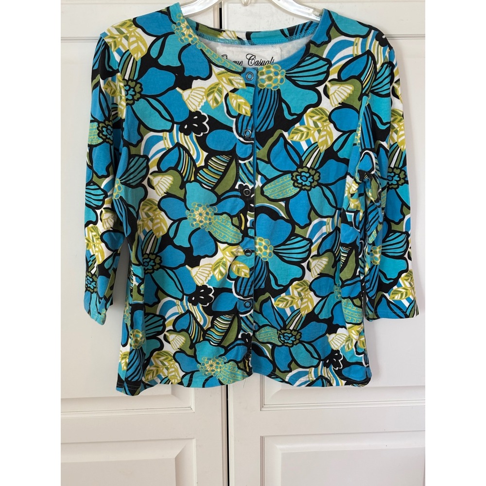 Inque‎ Casuals Elements of Style Floral Snap Front Cardigan Blue Green Womens L